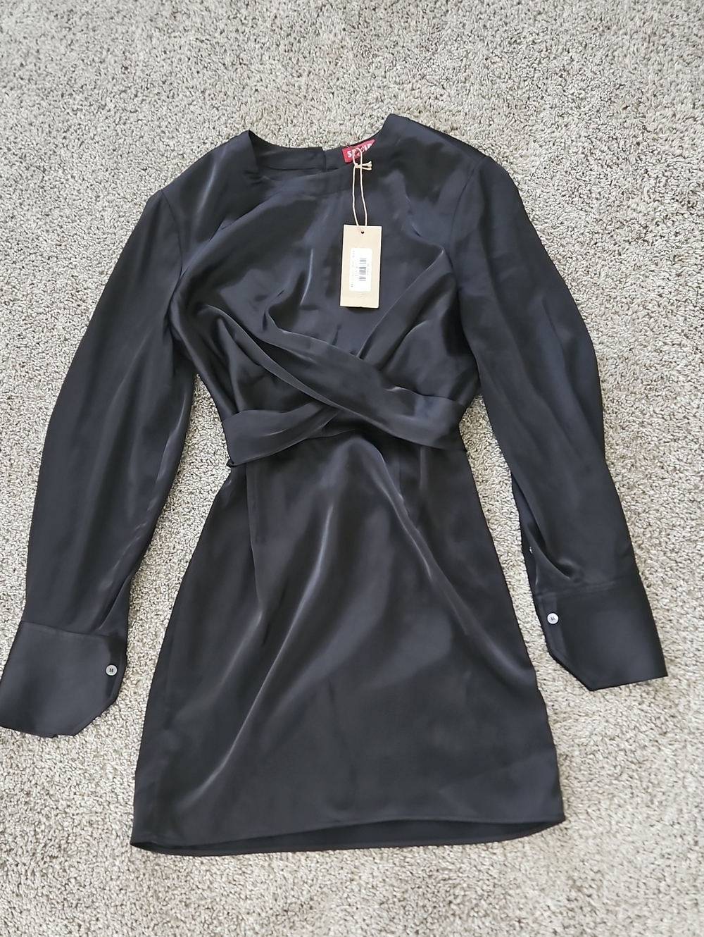 NWT staud Black Satin Long-Sleeve  Mini Dress S